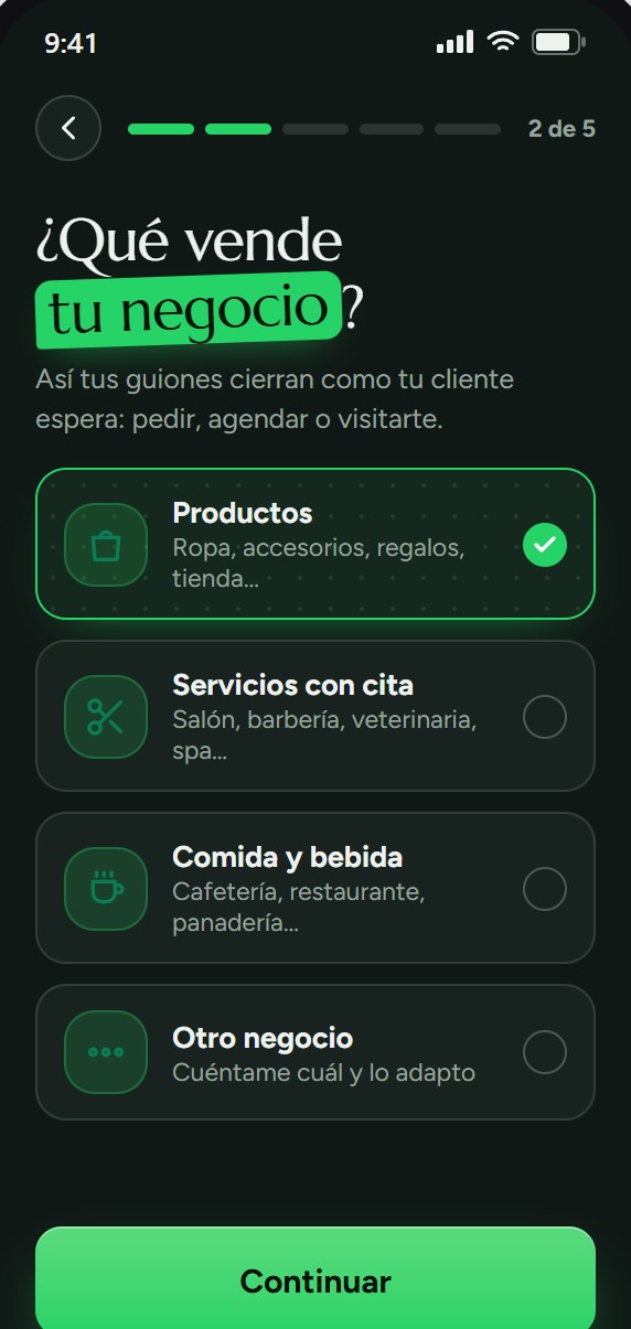 Diseño de la pantalla donde eliges qué vende tu negocio